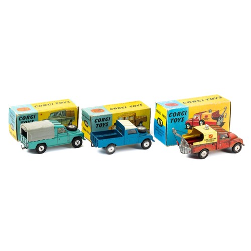 111 - Corgi trio of Land Rovers with Land Rover (109 WB) blue 406, Land Rover (109 WB) 438, good plus to e... 