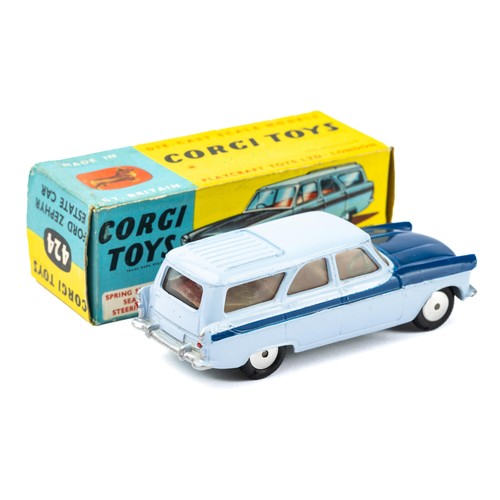 128 - Corgi 424 Ford Zephyr Estate in two-tone blue, about excellent in fair to good box.