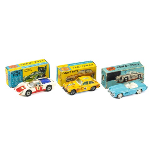 112 - Corgi trio of boxed cars with Mercedes Benz 300SL Open Roadster No.303 good plus in f  air box (miss... 