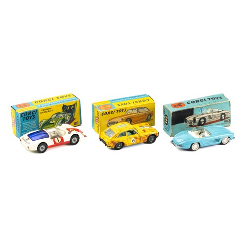 112 - Corgi trio of boxed cars with Mercedes Benz 300SL Open Roadster No.303 good plus in f  air box (miss... 
