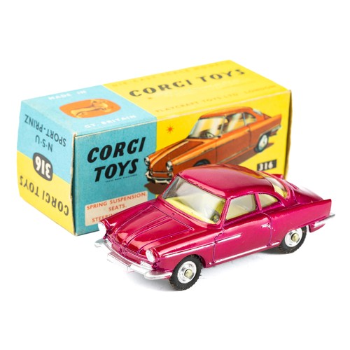 122 - Corgi Toys 316 NSU sport Prinz comprising of metallic pink body with silver detailing and lemon yell... 