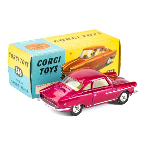 122 - Corgi Toys 316 NSU sport Prinz comprising of metallic pink body with silver detailing and lemon yell... 
