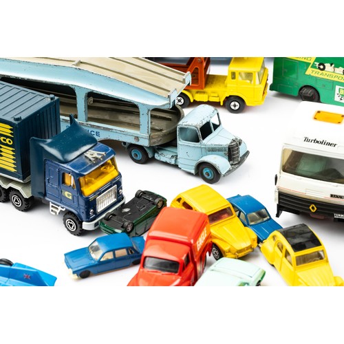 103 - Diecast collection of unboxed car transporters, lorries, cars etc, with ranges by Dinky, Matchbox an... 