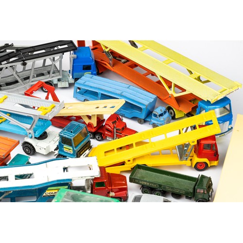 103 - Diecast collection of unboxed car transporters, lorries, cars etc, with ranges by Dinky, Matchbox an... 
