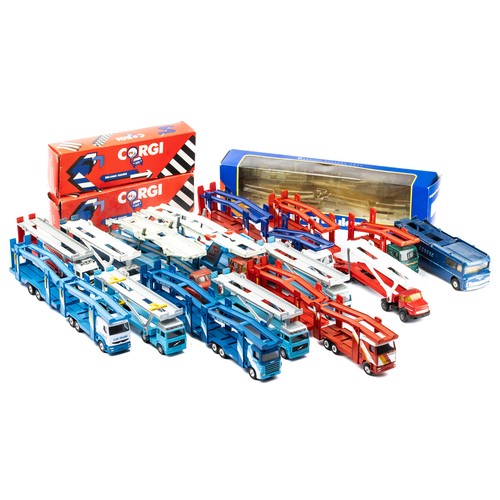 107 - Corgi car transporter collection with 14 unboxed transporters along with 3 accompanying empty boxes,... 