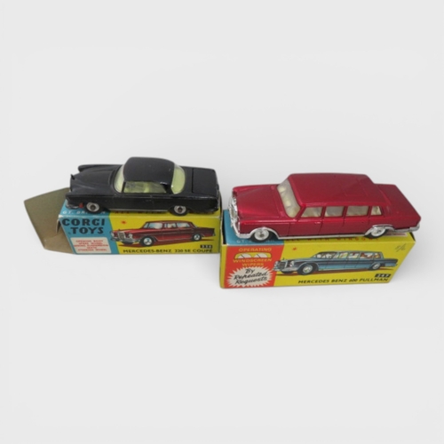 118 - Corgi Nos. 230 & 247 Mercedes-Benz pair, with 220 SE Coupe  black with lemon interior No. 230 and 60... 