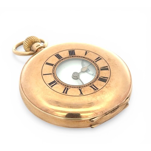 218 - J W Benson Ltd 9ct gold half hunter lever pocket watch. Signed white enamel dial with Roman numeral ... 