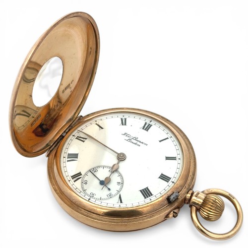 218 - J W Benson Ltd 9ct gold half hunter lever pocket watch. Signed white enamel dial with Roman numeral ... 