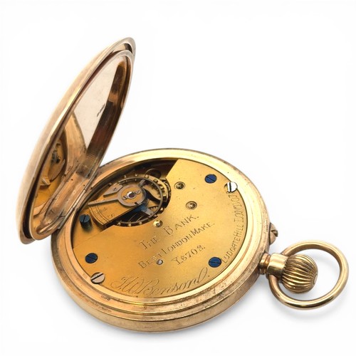 218 - J W Benson Ltd 9ct gold half hunter lever pocket watch. Signed white enamel dial with Roman numeral ... 