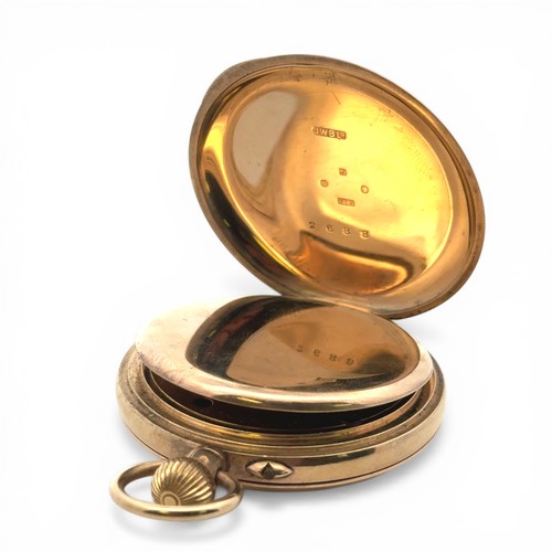 218 - J W Benson Ltd 9ct gold half hunter lever pocket watch. Signed white enamel dial with Roman numeral ... 