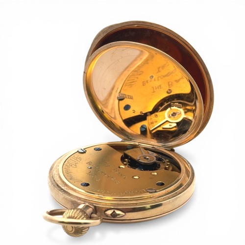 218 - J W Benson Ltd 9ct gold half hunter lever pocket watch. Signed white enamel dial with Roman numeral ... 