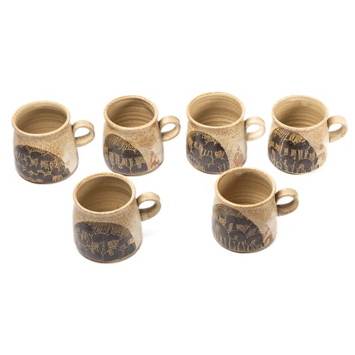 622 - Diane Worthy for Critch Pottery -  six mugs, 9.5cm high, impressed CP to base. Good condition.