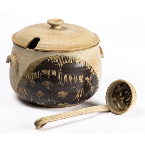 626 - Diane Worthy for Critch Pottery - a punch bowl and ladle. Soup bowl. 23cm wide, 21cm high.  Impresse... 