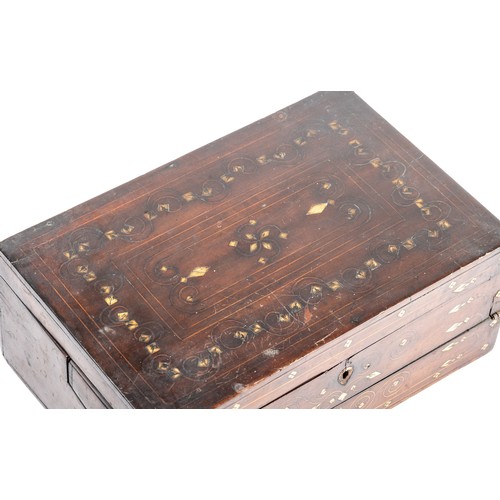 660 - 19th Century inlaid writing slope with floral mother of pearl inlay. Height 12.5cm, width 31.5cm, de... 