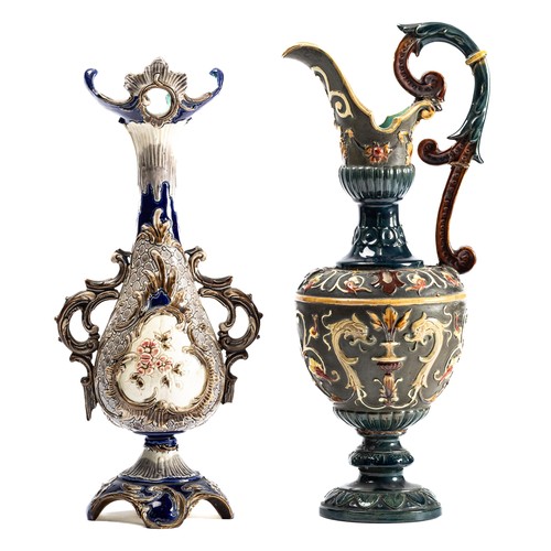550 - Wilhelm Schiller & Sons, a pair of 19th Century Art Nouveau Bohemian majolica porcelain vase / ewer.... 