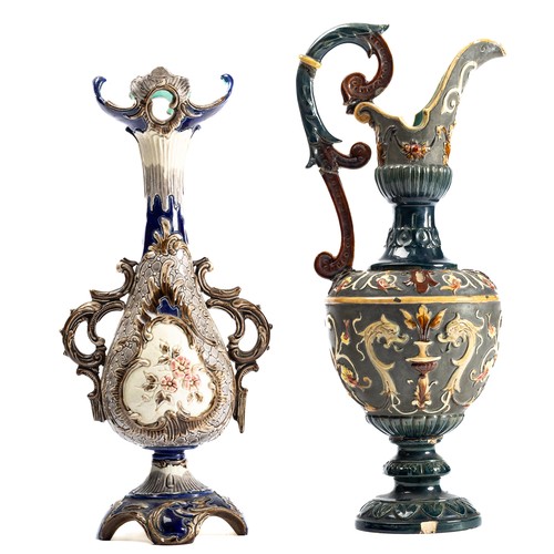 550 - Wilhelm Schiller & Sons, a pair of 19th Century Art Nouveau Bohemian majolica porcelain vase / ewer.... 