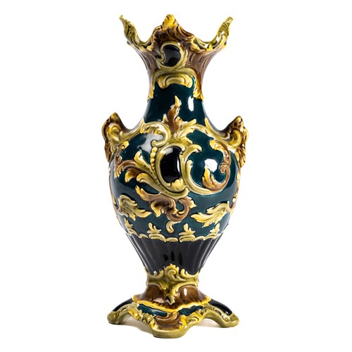 551 - Julius Dressler 19th Century Art Nouveau pottery vase with scrolling pattern and green ground. Stamp... 
