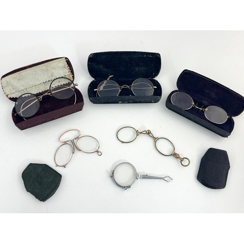 655 - Pairs of gold and yellow metal spectacles, including two pairs  tested as 9ct gold using XRF, and a ... 