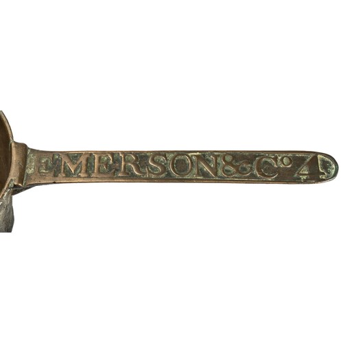 671 - An 18th century cast bronze skillet or posnet, rasied on lug feet, the long handle cast with the fou... 