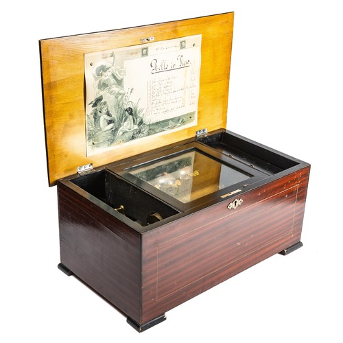 855 - Swiss 19th / 20th Century musical box with three bells and butterfly’s in sight, mahogany ebonised b... 