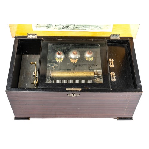 855 - Swiss 19th / 20th Century musical box with three bells and butterfly’s in sight, mahogany ebonised b... 