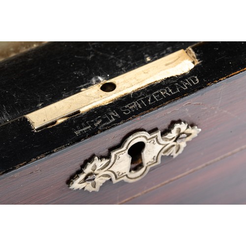 855 - Swiss 19th / 20th Century musical box with three bells and butterfly’s in sight, mahogany ebonised b... 