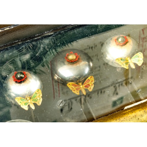 855 - Swiss 19th / 20th Century musical box with three bells and butterfly’s in sight, mahogany ebonised b... 