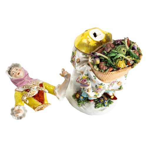 553 - Four 19th Century continental style porcelain figures. Fruit seller broken with torso in half, usual... 