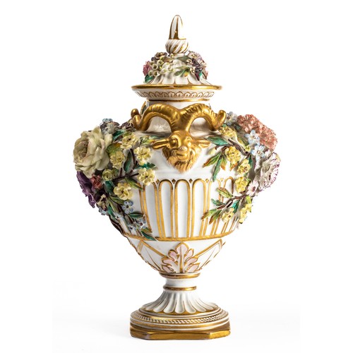 555 - John Bevington, 19th Century John Bevington neo classical form porcelain pedestal urn / vase. Encrus... 