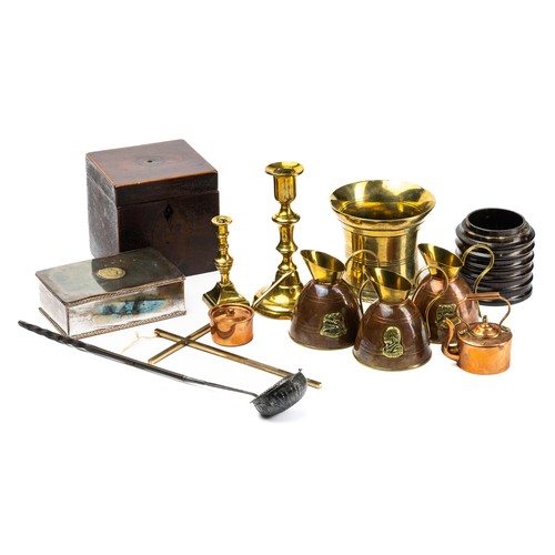 672 - A collection of copper and brass wares, includes miniatures, an 18th century bronze mortar, a Geaorg... 