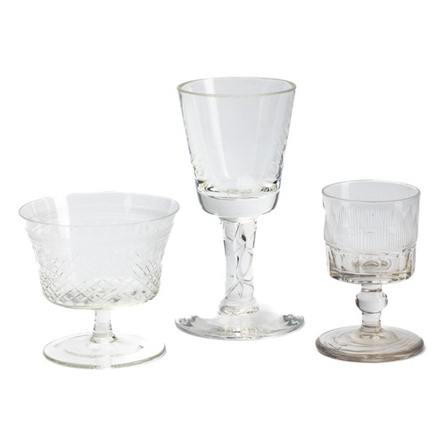 636 - Three antique glasses, includes; antique rummer glass (9cm), Pall Mall Lady Hamilton champagne glass... 