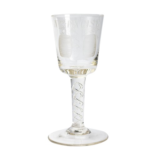 637 - Antique ' No Excise ' Wine Glass, the bowl etched with two barrels to one side and an apple tree to ... 