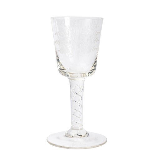 637 - Antique ' No Excise ' Wine Glass, the bowl etched with two barrels to one side and an apple tree to ... 