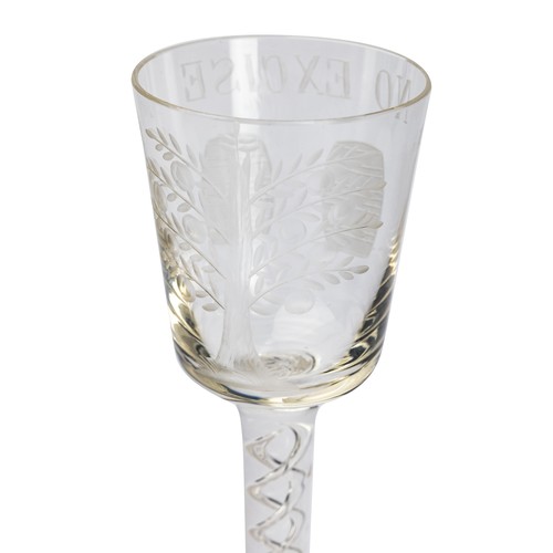 637 - Antique ' No Excise ' Wine Glass, the bowl etched with two barrels to one side and an apple tree to ... 