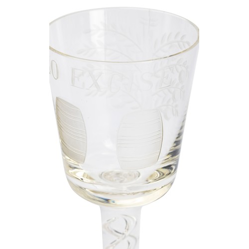637 - Antique ' No Excise ' Wine Glass, the bowl etched with two barrels to one side and an apple tree to ... 