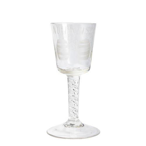 638 - Antique ' No Excise ' Wine Glass, the bowl etched with two barrels to one side and an apple tree to ... 
