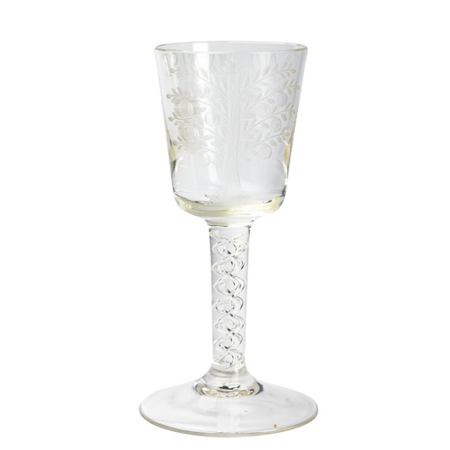 638 - Antique ' No Excise ' Wine Glass, the bowl etched with two barrels to one side and an apple tree to ... 