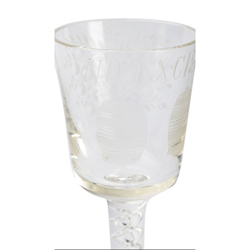 638 - Antique ' No Excise ' Wine Glass, the bowl etched with two barrels to one side and an apple tree to ... 