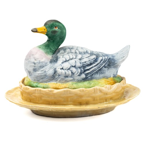 547 - French late 19th Century charming handpainted glazed bisque porcelain mallard tureen. Unusual steppe... 