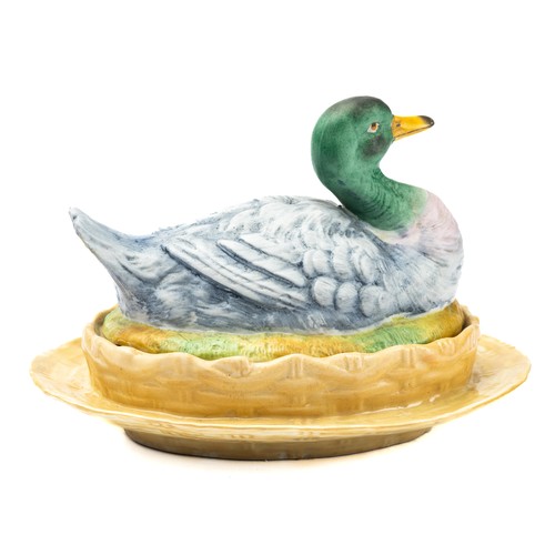547 - French late 19th Century charming handpainted glazed bisque porcelain mallard tureen. Unusual steppe... 