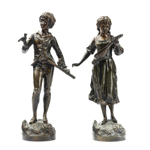 646 - Pair of French spelter figures after Victor Rousseau (Belgian, 1865-1954). Both signed. Heights 30cm... 