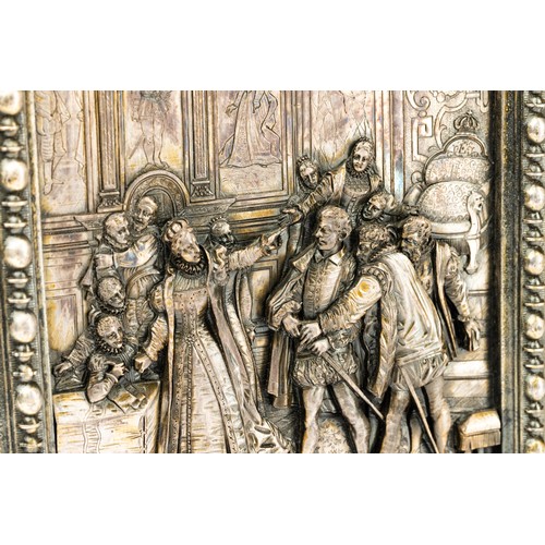 674 - A pair of early to mid 20th century cast metal panels, depicting Elizabethan courtly scenes, with a ... 