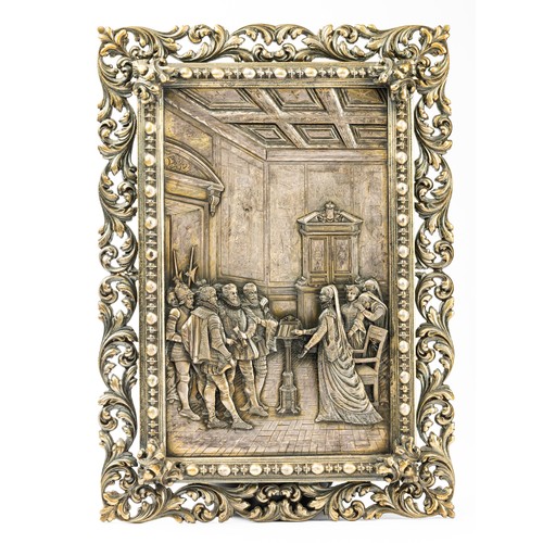674 - A pair of early to mid 20th century cast metal panels, depicting Elizabethan courtly scenes, with a ... 