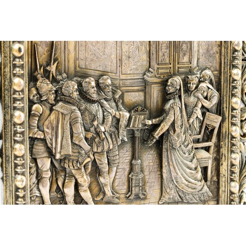 674 - A pair of early to mid 20th century cast metal panels, depicting Elizabethan courtly scenes, with a ... 