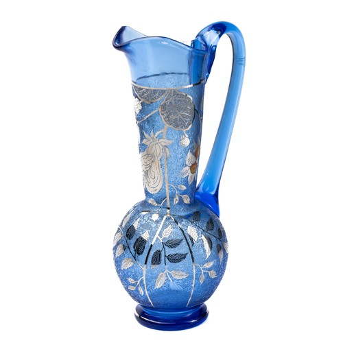 632 - Cobalt blue glass jug with silvered floral decoration and handpainted coloured flower. Unsigned, wit... 