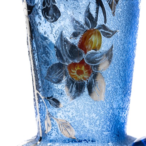 632 - Cobalt blue glass jug with silvered floral decoration and handpainted coloured flower. Unsigned, wit... 