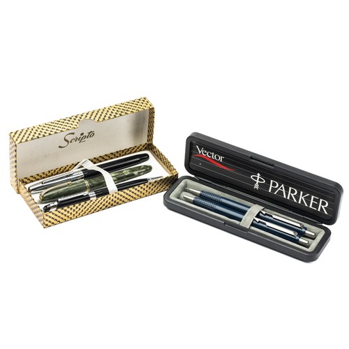 788 - Five Pens - A Burnahm fountain pen with a 14ct gold nib, a boxed pair of Scripto pens and a cased pa... 