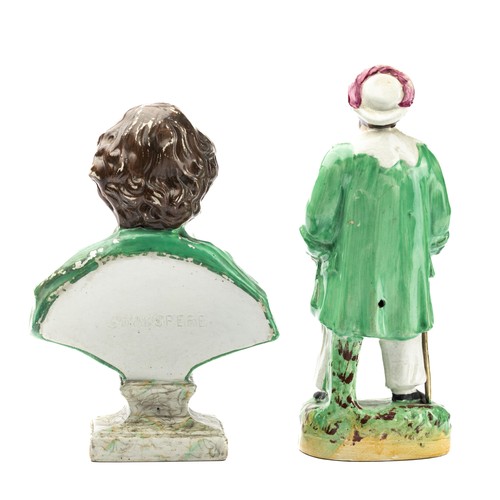 542 - Two 19th century Staffordshire pottery items, includes a bust of William Shakespeare, painted with a... 