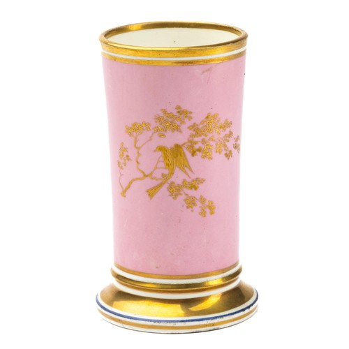 548 - A 19th century European porcelain spill vase, cylindrical form, pink ground, hand painted with a res... 