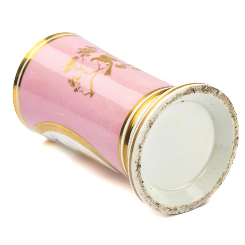 548 - A 19th century European porcelain spill vase, cylindrical form, pink ground, hand painted with a res... 